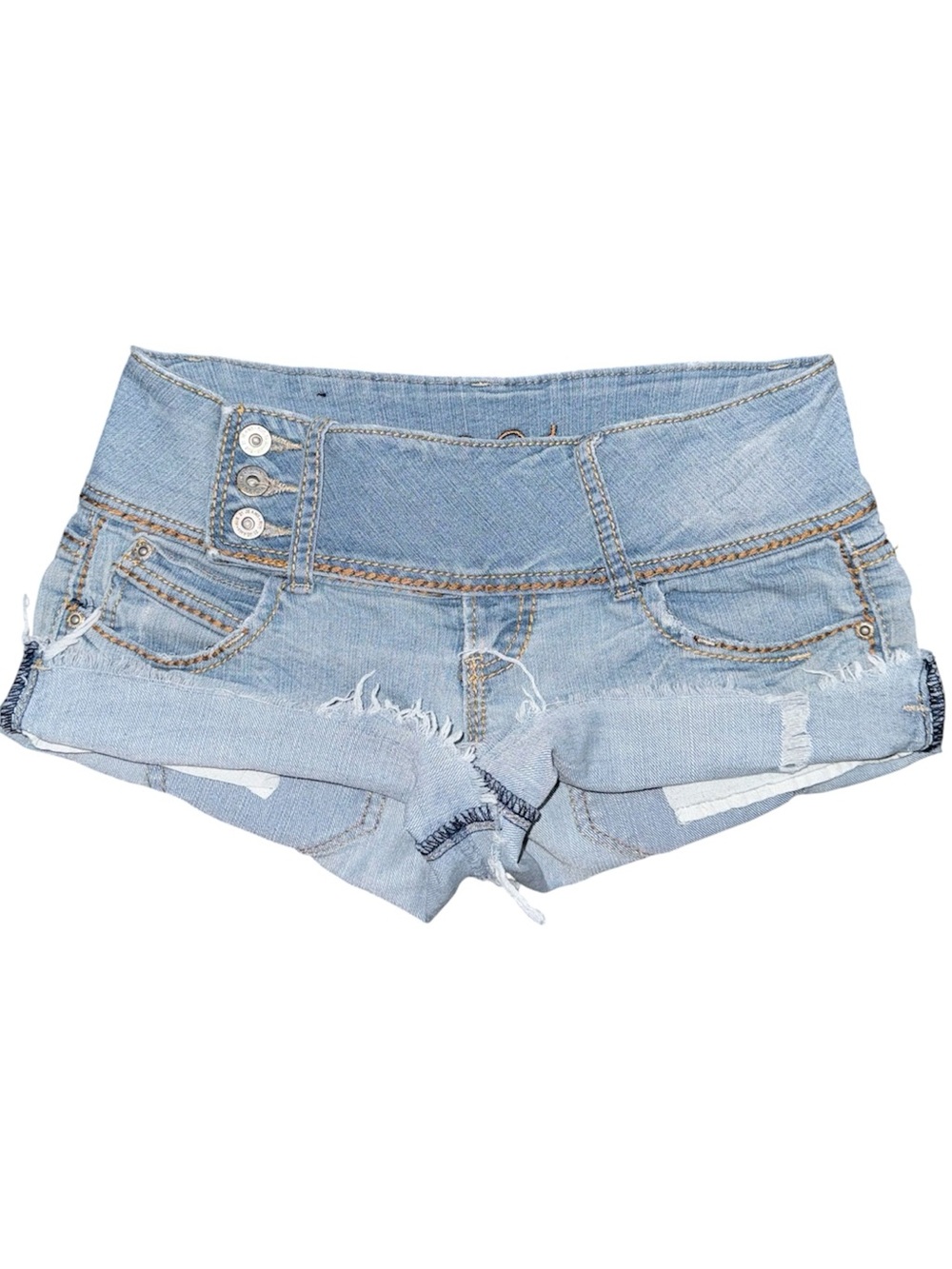 VTG Y2K Rue 21 Low Rise Micro Mini Jean Booty Shorts Sz 1 / 2 Distressed Grunge
